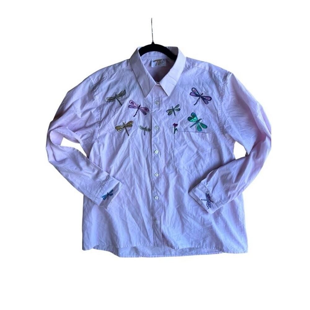 Vintage Tia's Pink Embroidered Dragonfly Blouse Button Up Striped Size Large